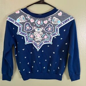 Vintage 1990s Girls Athletic Works Blue Crewneck Sweater Floral Hearts Bear